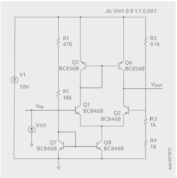 Figure 2 A differential amplifier realized using Nexperia’s BC846B discrete BJTs