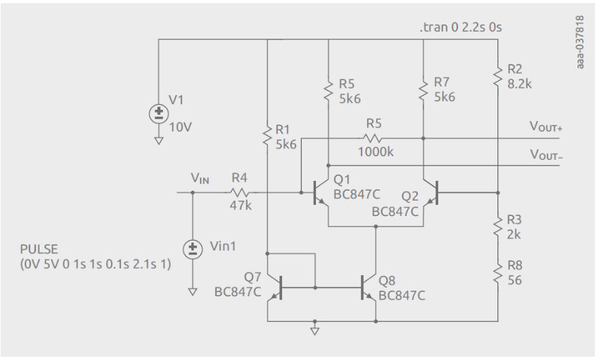 Figure 3 A comparator with hysteresis designed using Nexperia’s BC846B discrete BJTs 